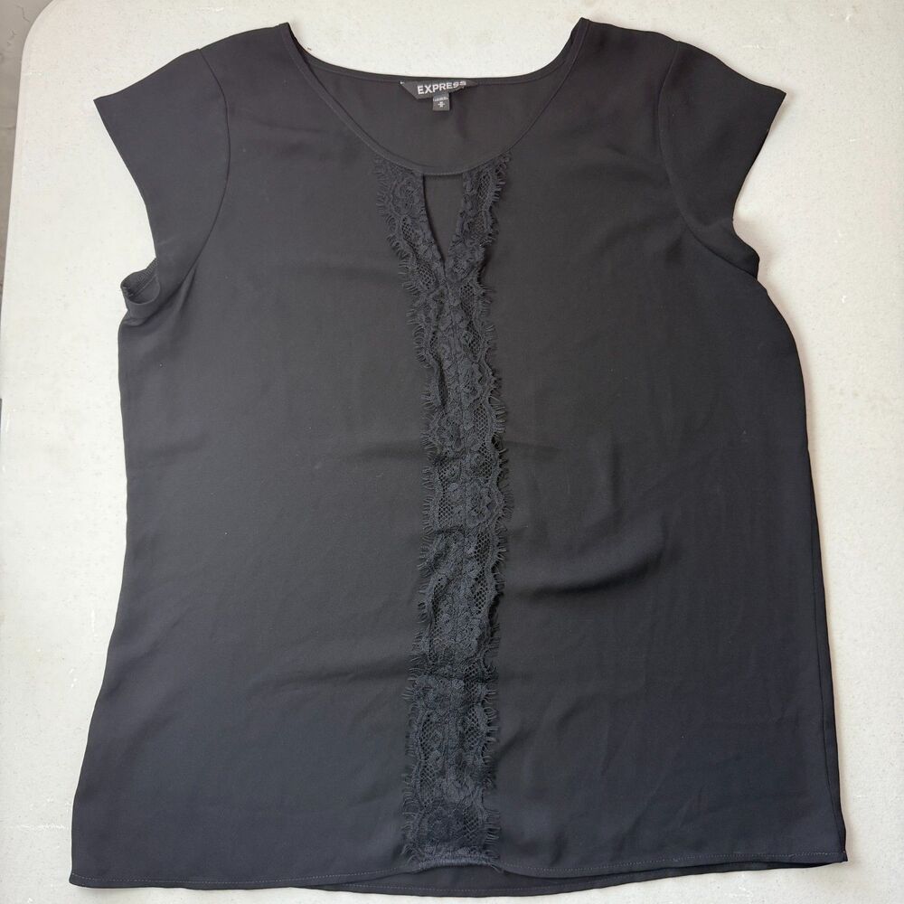 Express Black Short Cap Sleeve Lace Trim Blouse Top Size M